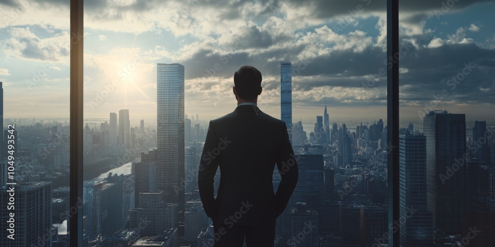 Fototapeta premium A business professional watches a beautiful sunset over a vibrant city skyline from their office window