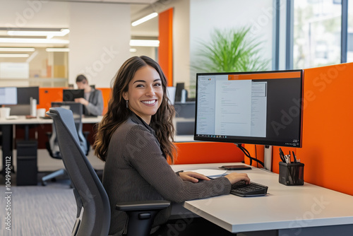 Retrato de mulheres jovens em ambiente de escritório moderno, sorrindo e usando trajes formais, criado por IA generativa.