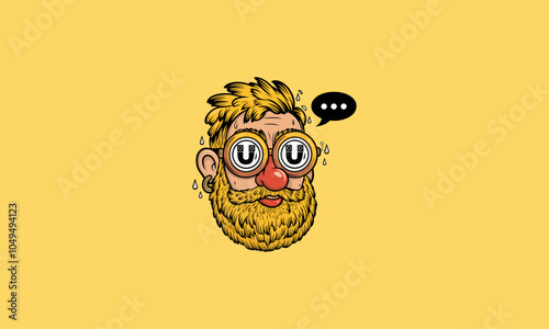 Quirky bearded man sweating with humorous expression.