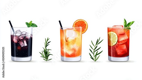 Three refreshing cocktails with herbs, featuring vibrant colors and ice. Perfect for summer parties and gatherings.