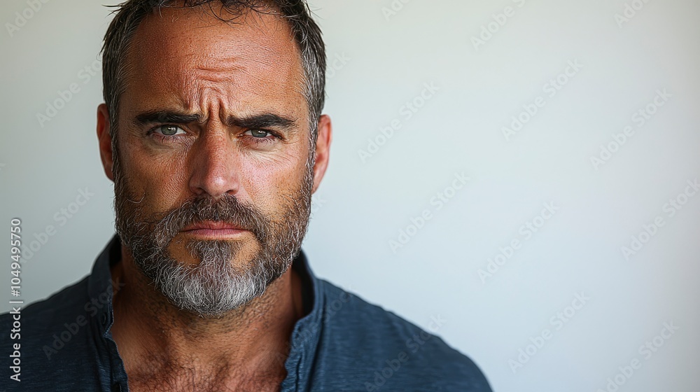 Obraz premium Serious man with beard looking directly at the camera