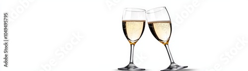 Two elegant champagne glasses clinking together, symbolizing celebration and joy, set against a clean white background. photo