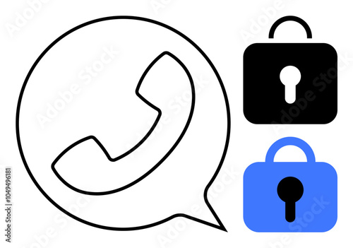 A phone in a speech bubble next to two padlocks highlighting call protection. Ideal for privacy, communication, safety, cybersecurity, and encryption. Simple vector art style. Features black and blue