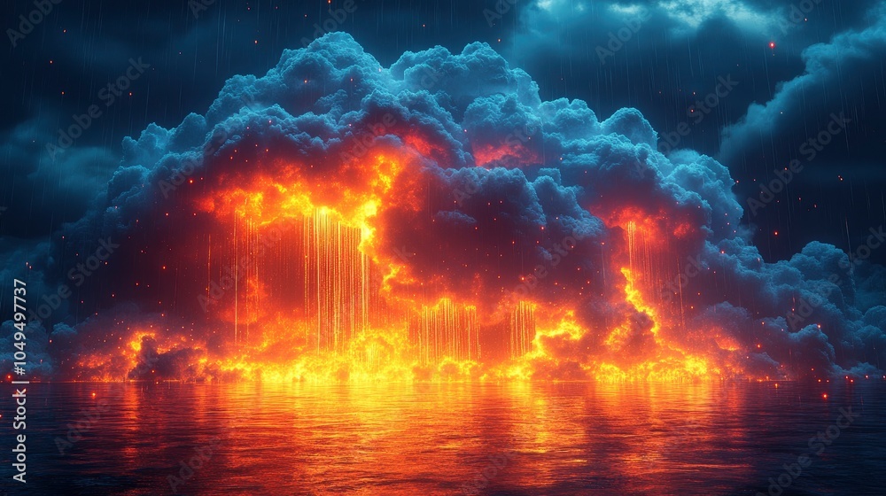 Dramatic volcanic eruption lighting up the night sky over the ocean Dramatic volcanic eruption lighting up the night sky over the ocean