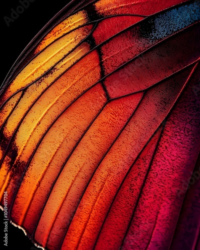 A close-up view of a butterfly wing showcasing vibrant hues of orange and red, set against a dark background, highlighting intricate textures and patterns.