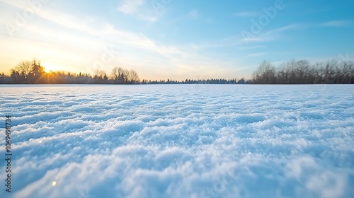 A serene winter landscape at dusk with soft snow cover and a beautiful sunset over the horizon