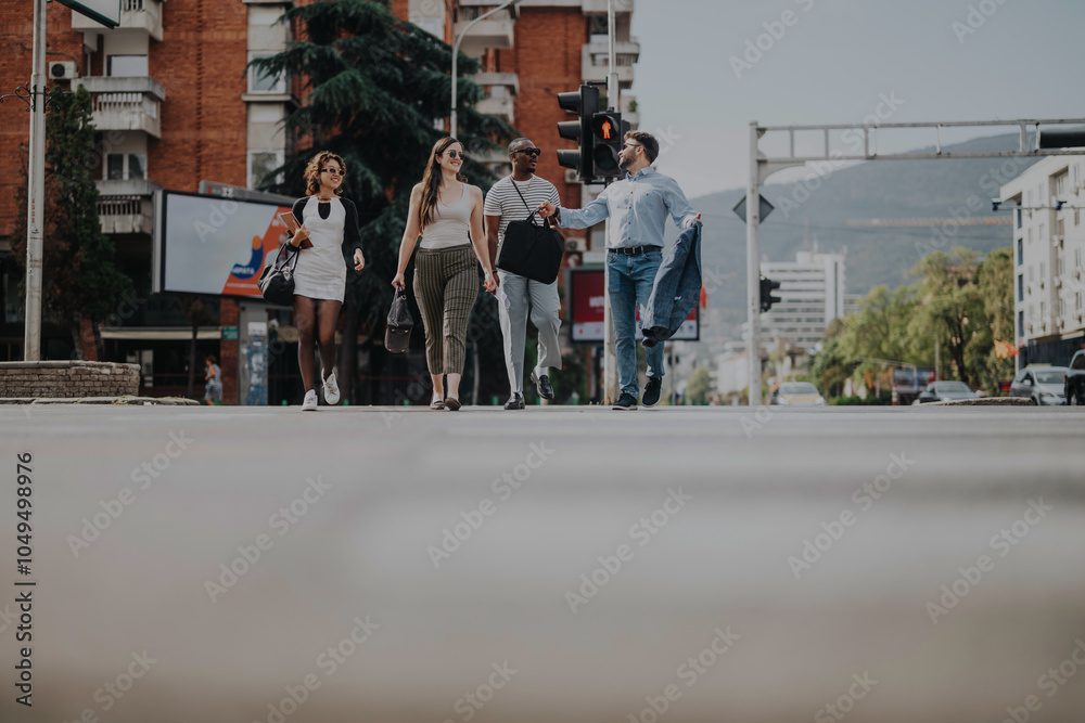 Fototapeta premium A diverse group of young business people walk confidently across an urban street, showcasing modern city life and multicultural teamwork.