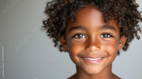 Smiling boy with curly hair showing cheerful expression against neutral background