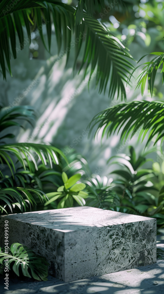 A close-up of a grey stone podium with plants in a tropical forest setting, used as a mockup for product presentation with shadows and light reflections.