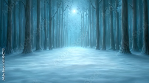 Mysterious winter forest at night with ethereal light filtering through tall trees and snowy ground