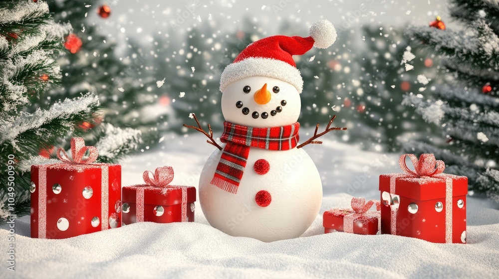 snowman and gifts flat design front view North Pole theme 3D render snowman and gifts flat design front view North Pole theme 3D render