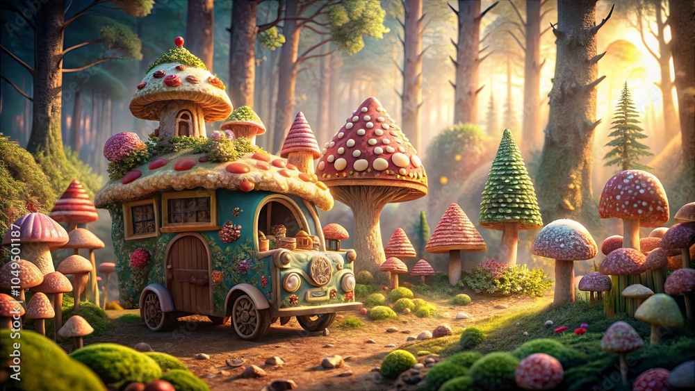 A whimsical, retro van transformed into a magical dwelling, adorned with vibrant mushroom caps, nestled amidst a whimsical forest path illuminated by the warm glow of the setting sun. A whimsical, retro van transformed into a magical dwelling, adorned with vibrant mushroom caps, nestled amidst a whimsical forest path illuminated by the warm glow of the setting sun.