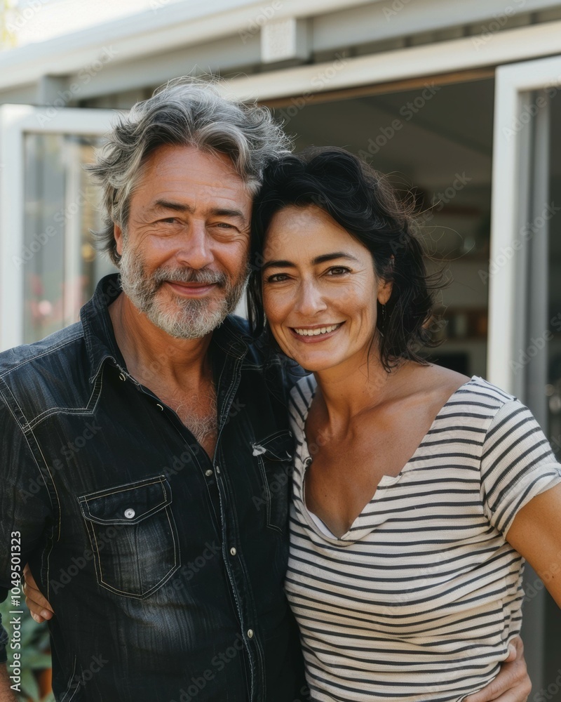 A man and woman standing next to each other smiling. AI.