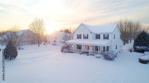 Serene winter landscape a cozy home blanketed in snow under the golden glow of sunrise