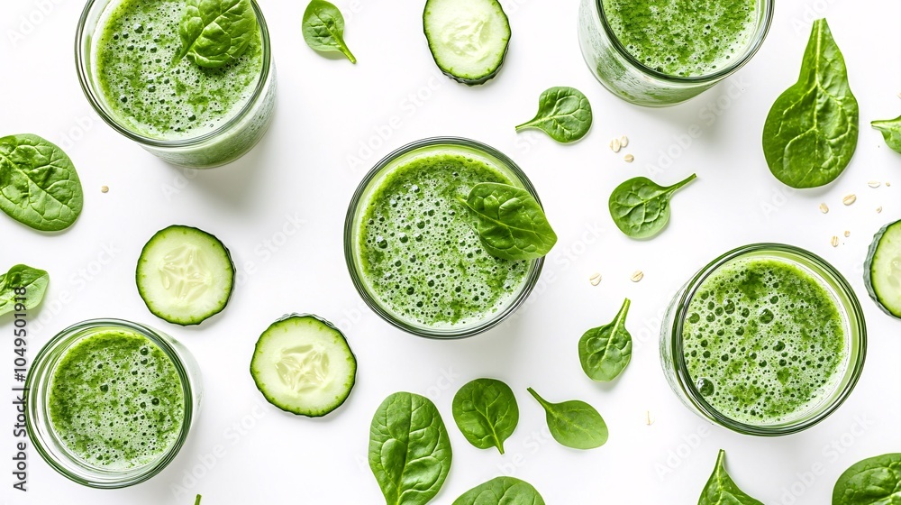 2410 28.A minimalist top view of detox green vegetable smoothies in glasses, accompanied by scattered spinach leaves and cucumber slices, set on a bright white background, highlighting the natural, 2410 28.A minimalist top view of detox green vegetable smoothies in glasses, accompanied by scattered spinach leaves and cucumber slices, set on a bright white background, highlighting the natural,
