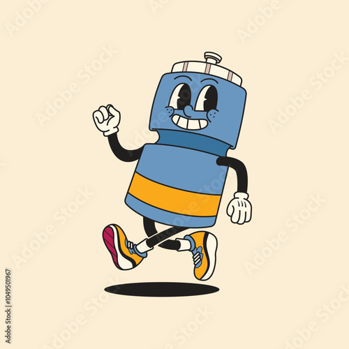 retro mascot cartoon characters, groovy cartoons, vector illustration running bottle