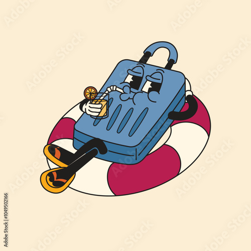 retro mascot cartoon characters, groovy cartoons, vector illustration suitcase holiday