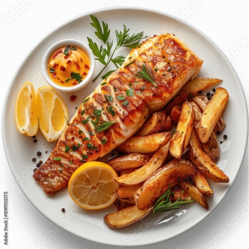 A plate of fish and potatoes with a lemon wedge on the side. Generative AI