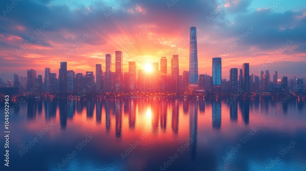 Fototapeta premium Cityscape with Sunset Reflection in Water