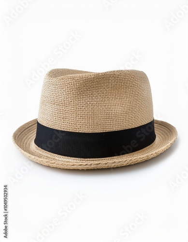 Tan fedora hat with black band.