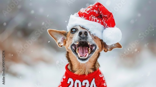 Playful Pet Wearing Santa Hat and "2024" Sweater frolicking in Winter Wonderland - Joyful Festive Stock Image