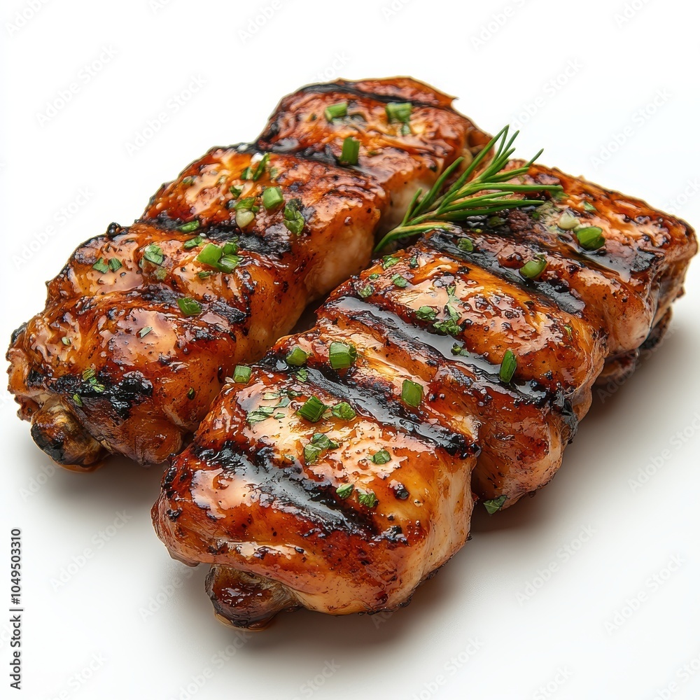 Two pieces of grilled chicken with herbs on top. Generative AI Two pieces of grilled chicken with herbs on top. Generative AI