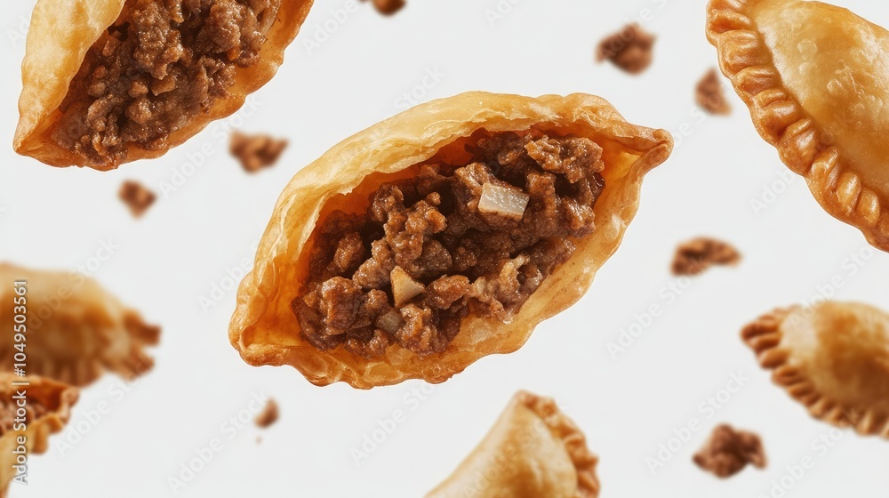 A close-up of fried empanadas filled with savory beef, floating on a transparent background A close-up of fried empanadas filled with savory beef, floating on a transparent background