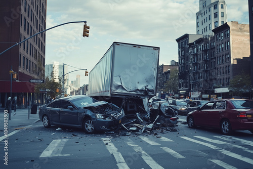 Car accident involving a big rig semi truck with a semi trailer at a city street intersection with traffic lights and rescue services