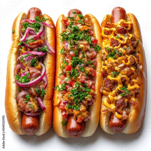 Three hot dogs with different toppings are displayed on a white background. Generative AI photo