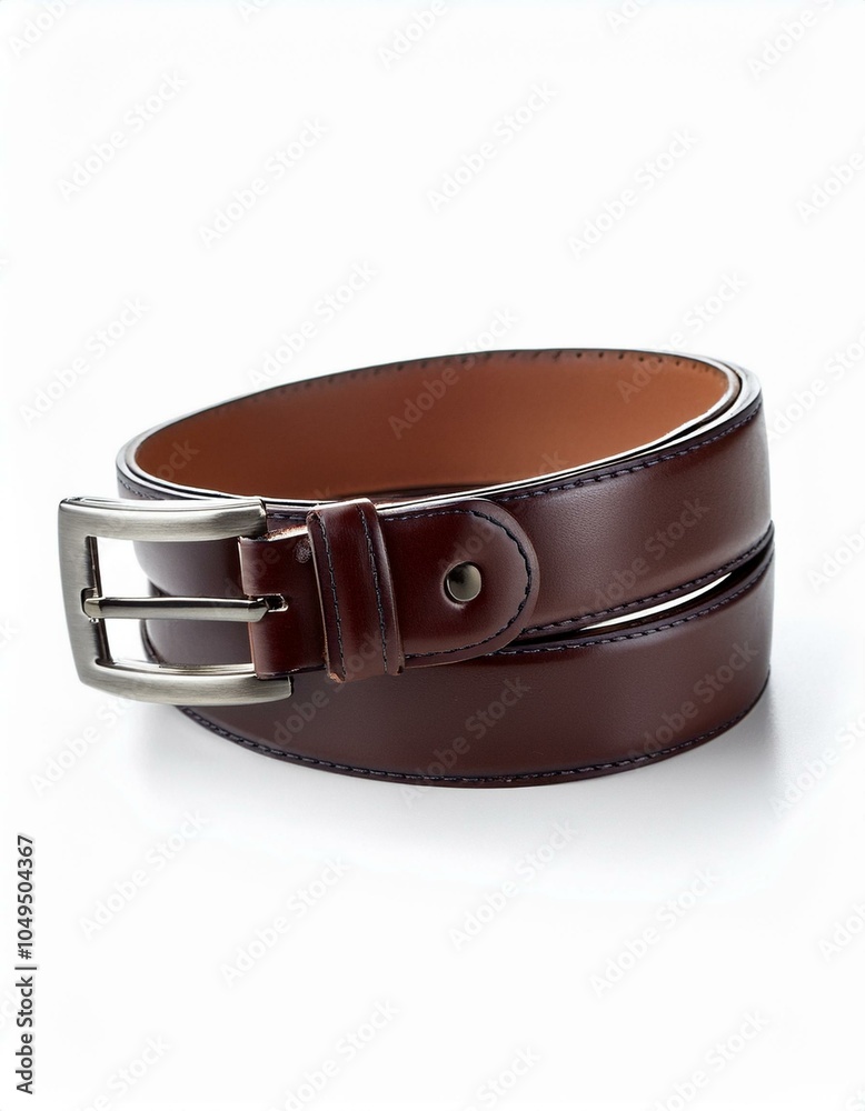 A brown leather belt with a silver buckle. A brown leather belt with a silver buckle.