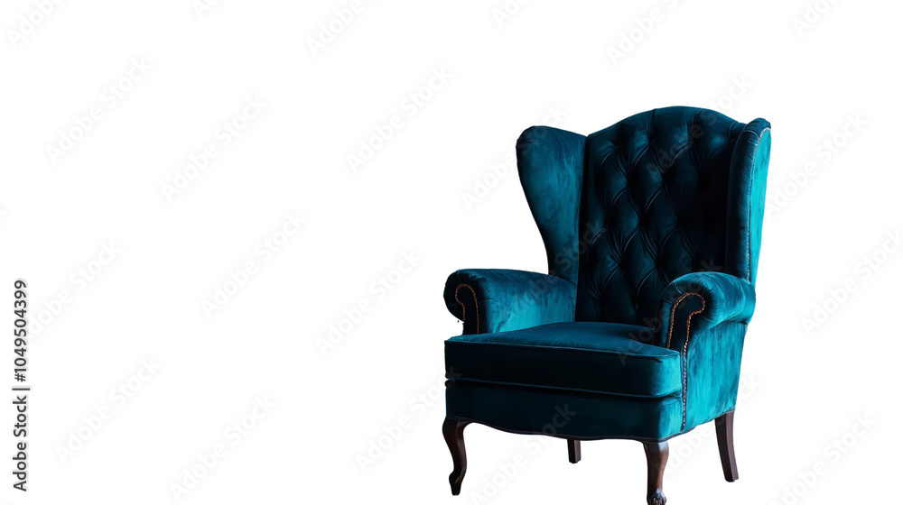 Fototapeta premium Elegant teal upholstered armchair with a classic design, perfect for interior decor. Transparent Background