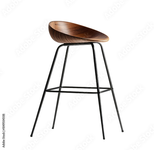 Elegant wooden bar stool with a sleek design against a white isolated background. Transparent Background