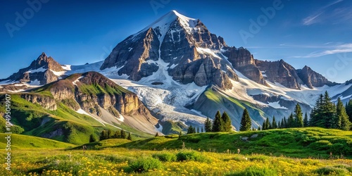 Majestic Mountain Peaks Rise Above a Field of Wildflowers, Adorned with a Gleaming Glacier, Under a Clear Blue Sky