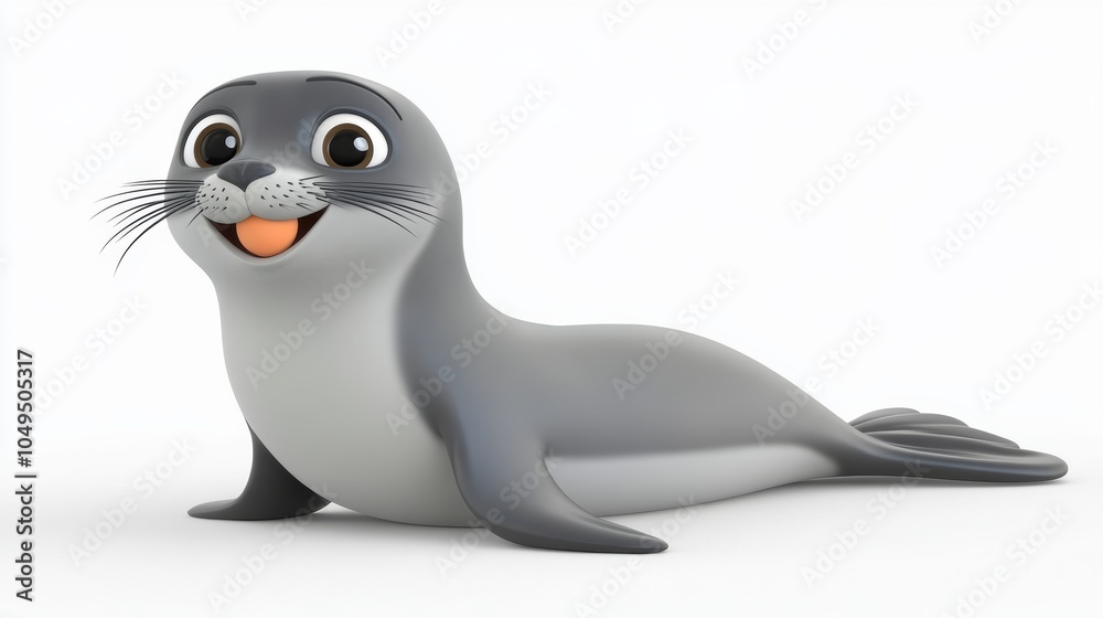 Fototapeta premium Cute Cartoon Seal Pup Smiling Isolated on White Background