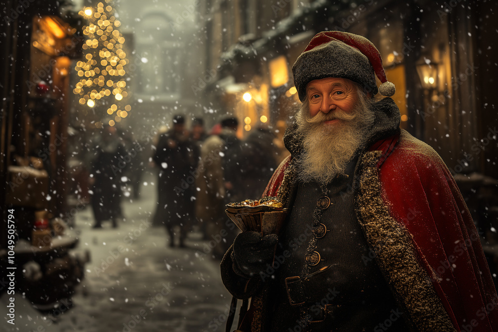 Santa Claus ringing a bell and greeting shoppers outside a festive store, raising funds for charity. Concept of holiday goodwill and community spirit.Smiling Santa Claus Santa Claus ringing a bell and greeting shoppers outside a festive store, raising funds for charity. Concept of holiday goodwill and community spirit.Smiling Santa Claus