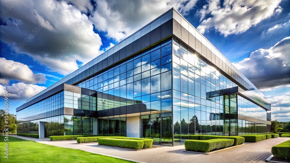 A modern office building with glass facade reflecting the sky and clouds, surrounded by manicured greenery. A modern office building with glass facade reflecting the sky and clouds, surrounded by manicured greenery.