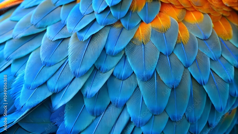 Obraz premium Blue and Orange Macaw Parrot Feather Texture Background – Beautiful Nature Closeup