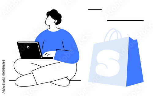 Person seated cross-legged using laptop adjacent to large blue shopping bag. Ideal for e-commerce, online shopping, digital marketing, remote work, freelance. Simple, clean, modern style