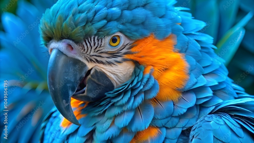 Obraz premium Blue and Orange Macaw Parrot Feather Texture Background – Beautiful Nature Closeup