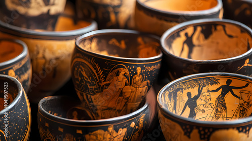 Ancient greek pottery with intricate black-figure designs depicting mythological scenes, showcasing artistic craftsmanship and cultural heritage. Greek Mythological Frescoes. Illustration