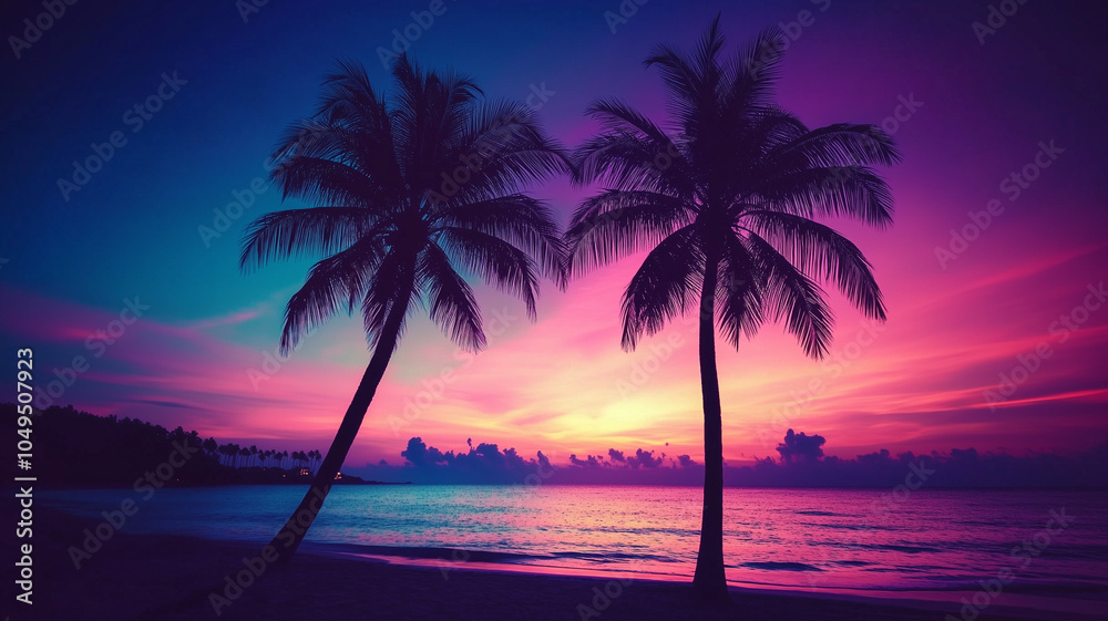 Night view with palm trees on the beach. Trendy and creative summer tropical background Night view with palm trees on the beach. Trendy and creative summer tropical background