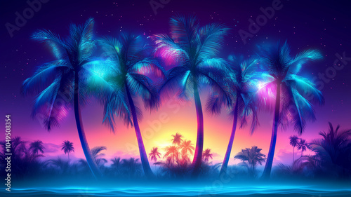 Night view with palm trees on the beach. Trendy and creative summer tropical background