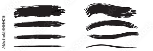 Straight and curved  line vector brush strokes. Black hand drawn stripes, smears. Dirty overlay, watercolor splash, black silhouette and torn paper set. Straight and curved  line vector icon eps10.