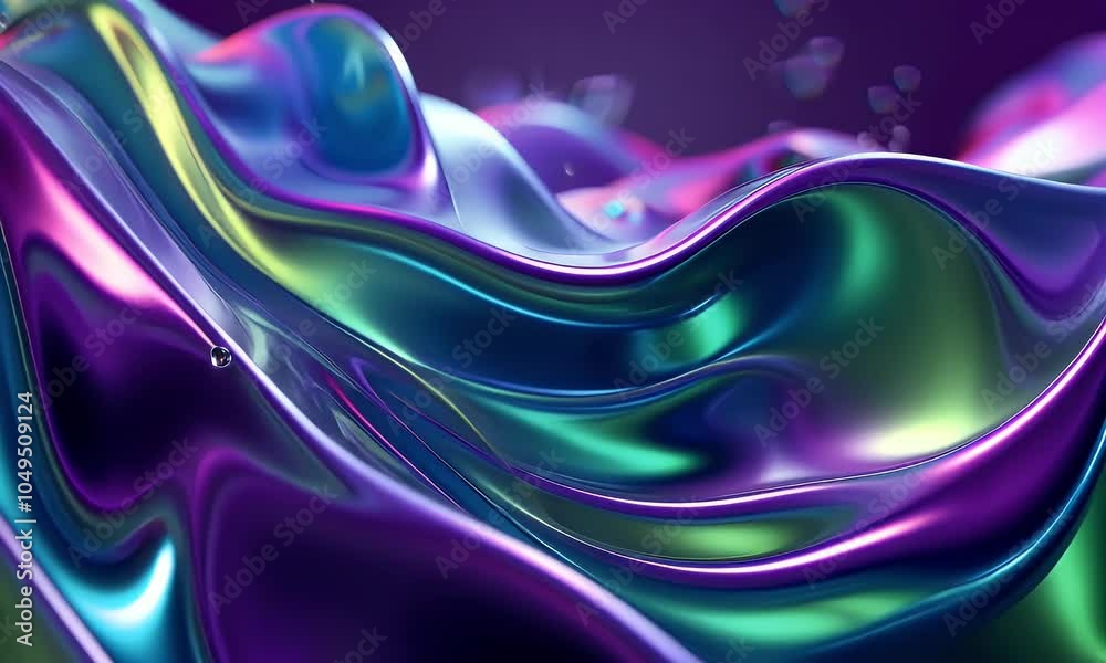 Abstract iridescent background with colorful waves, liquid metal texture, purple and green color theme,