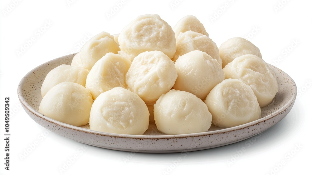 A plate of soft Ukrainian vareniki dumplings with mashed potato filling, isolated on a clean white background A plate of soft Ukrainian vareniki dumplings with mashed potato filling, isolated on a clean white background