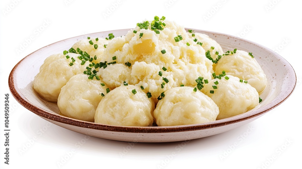 A plate of soft Ukrainian vareniki dumplings with mashed potato filling, isolated on a clean white background A plate of soft Ukrainian vareniki dumplings with mashed potato filling, isolated on a clean white background