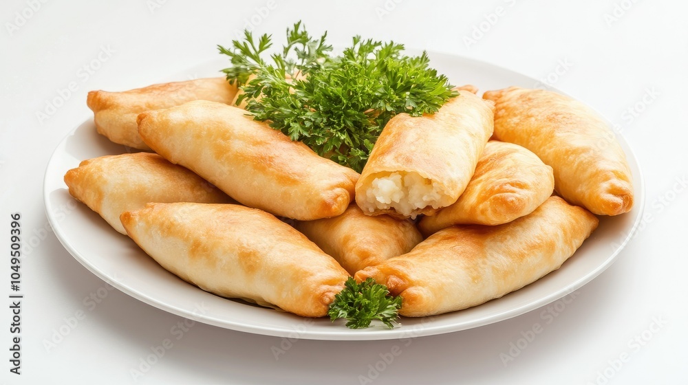 A plate of traditional Ukrainian vareniki with mashed potato filling, served on a white background A plate of traditional Ukrainian vareniki with mashed potato filling, served on a white background