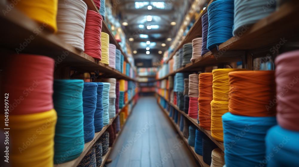 Obraz premium Vibrant threads line the shelves of a textile workshop, inviting creativity and inspiration for textile projects