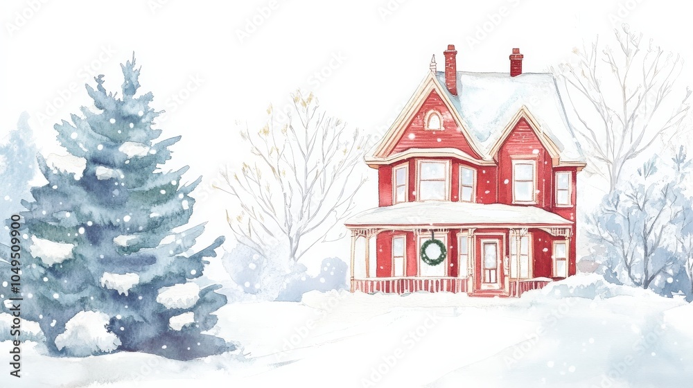 A charming red house in a snow-covered landscape, adorned with a wreath, beside an evergreen tree, evoking the warmth of winter holidays.