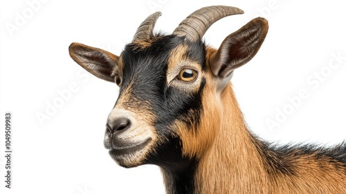 A proud goat with its head held high, isolated on a clear background